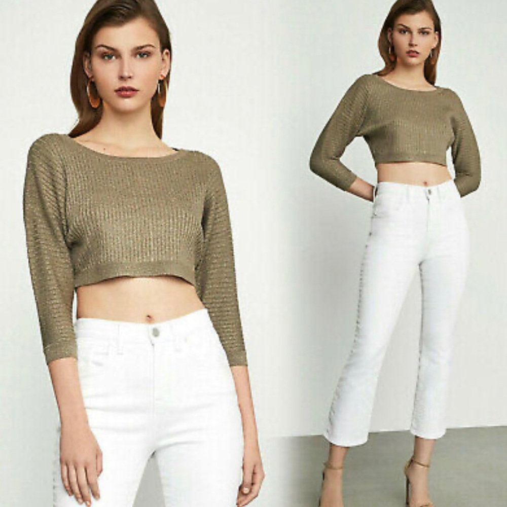 BCBGMAXAZRIA METALLIC KNIT CROP TOP SWEATER